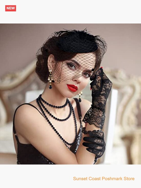 Fascinator Hat Set with Mesh Veil Lace Gloves Necklace Earrings Tea Party main image 6